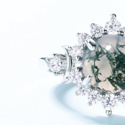 Luxury Style Moss Agate Halo Ring in Sterling Silver detail