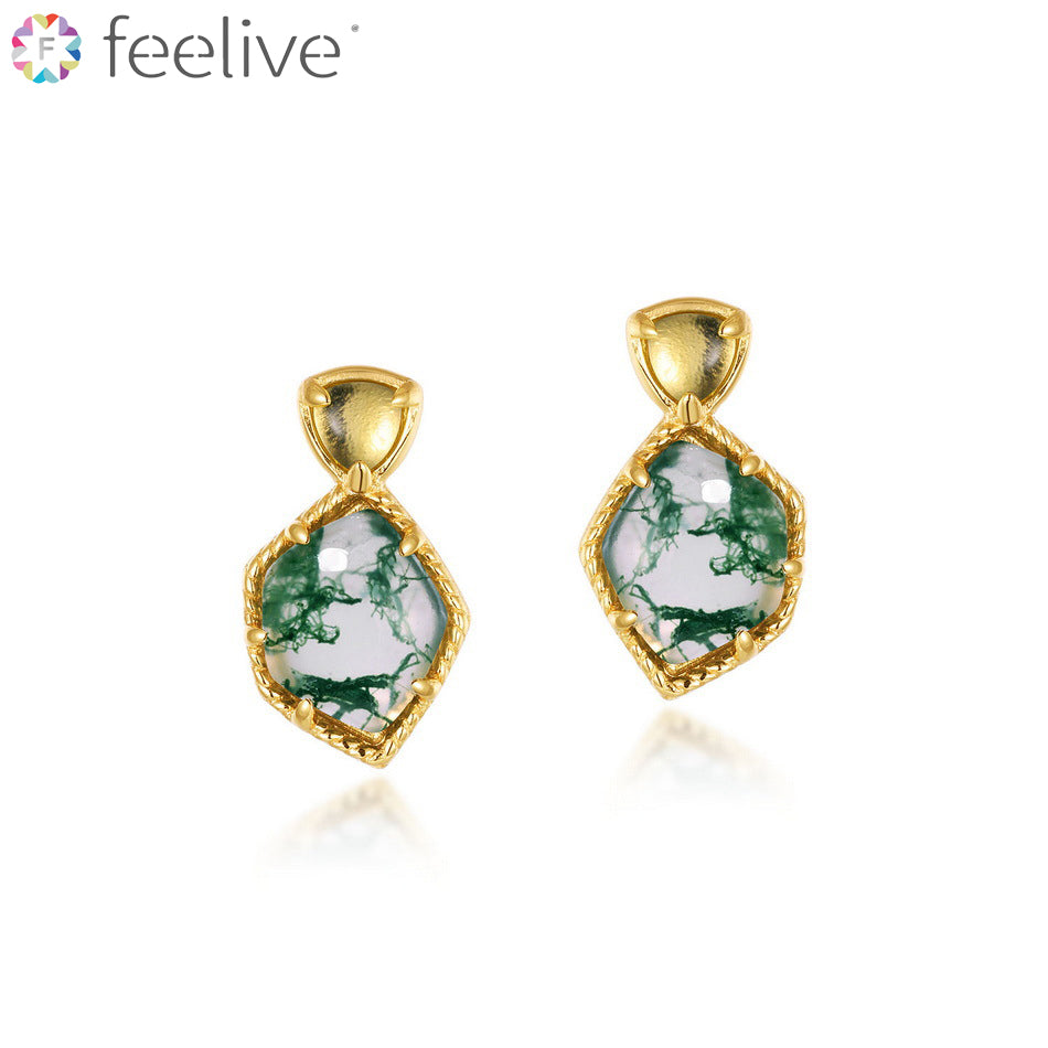 Vintage Trimmed Green Moss Agate Gold Vermeil Earrings - Feelive