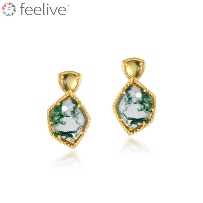 Vintage Trimmed Green Moss Agate Gold Vermeil Earrings - Feelive