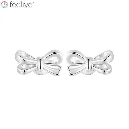 Matte Stitching Bow Stud Earrings in Sterling Silver - Feelive