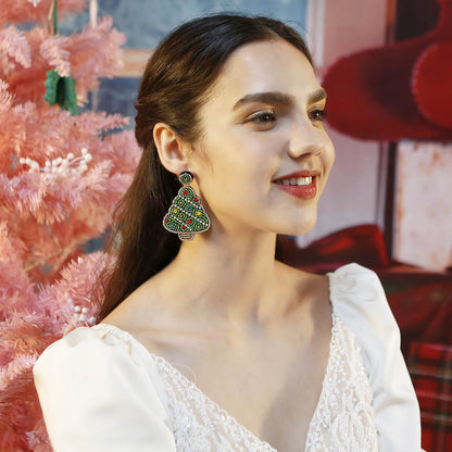 Oversized Christmas Tree Handmade Beaded Drop Earrings