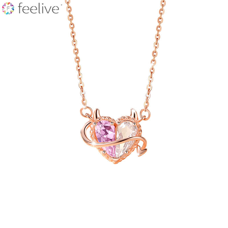 Pink Devil Heart Pendant Zirconia Necklace in Sterling Silver - Feelive