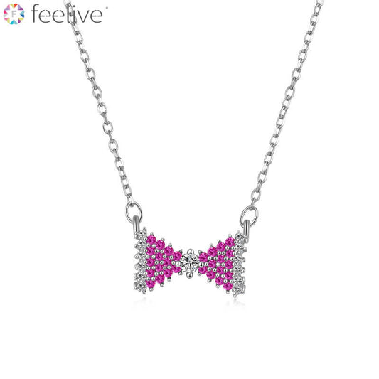 Chic Pink Bow Pendant Zirconia Necklace in Sterling Silver - Feelive