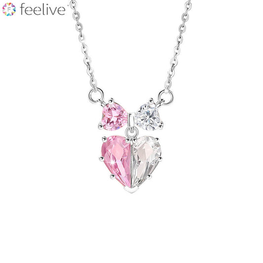 Pink Bow Heart Zirconia Necklace in Sterling Silver - Feelive