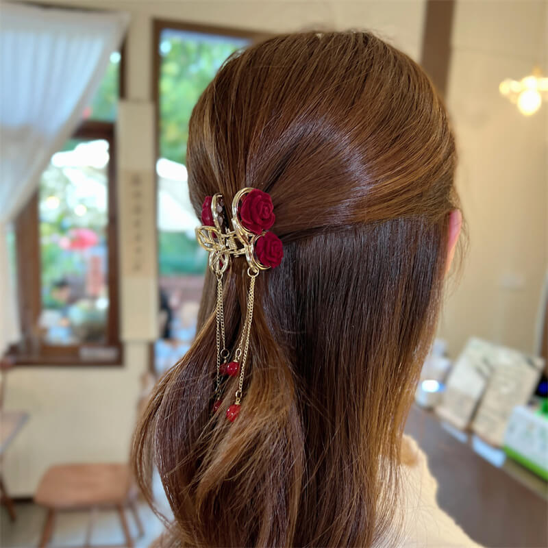 Elegant Red Rose Tassel Flocking Hair Claw Clip in Alloy cherry model