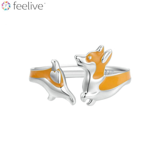 Cute Corgi Enamel Silver Open Ring