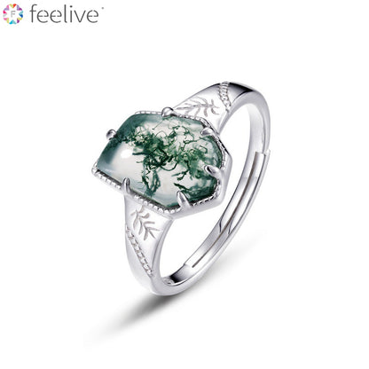 Vintage Irregular Shape Moss Agate Ring in Sterling Silver - Feelive