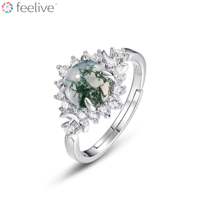 Luxury Style Moss Agate Halo Ring in Sterling Silver - Feelive