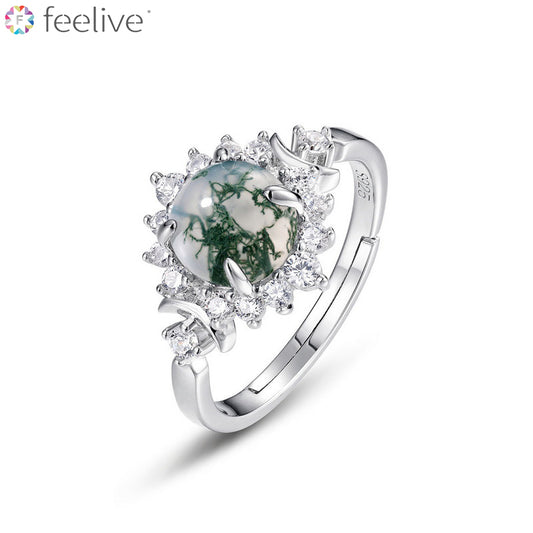 Luxury Style Moss Agate Halo Ring in Sterling Silver - Feelive