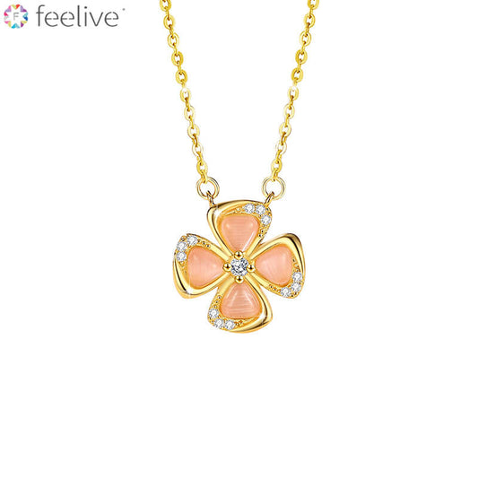 Lucky Clover Pink Opal Zirconia Necklace in Sterling Silver - Feelive