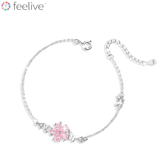 Pink Cherry Blossom and Butterfly Zirconia Bracelet in Sterling Silver - Feelive