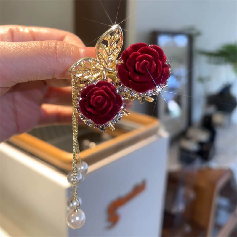 Elegant Red Rose Tassel Flocking Hair Claw Clip in Alloy pearl