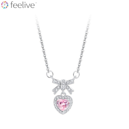 Sweet Princess Bow Heart Zirconia Necklace in Sterling Silver - Feelive