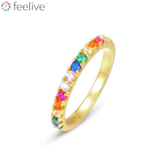 Rainbow Color Zirconia Golden Half Eternity Ring in Sterling Silver - Feelive