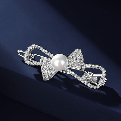 Chic Style Bow-knot Pearl Zircon Hair Barrette in Sterling Silver