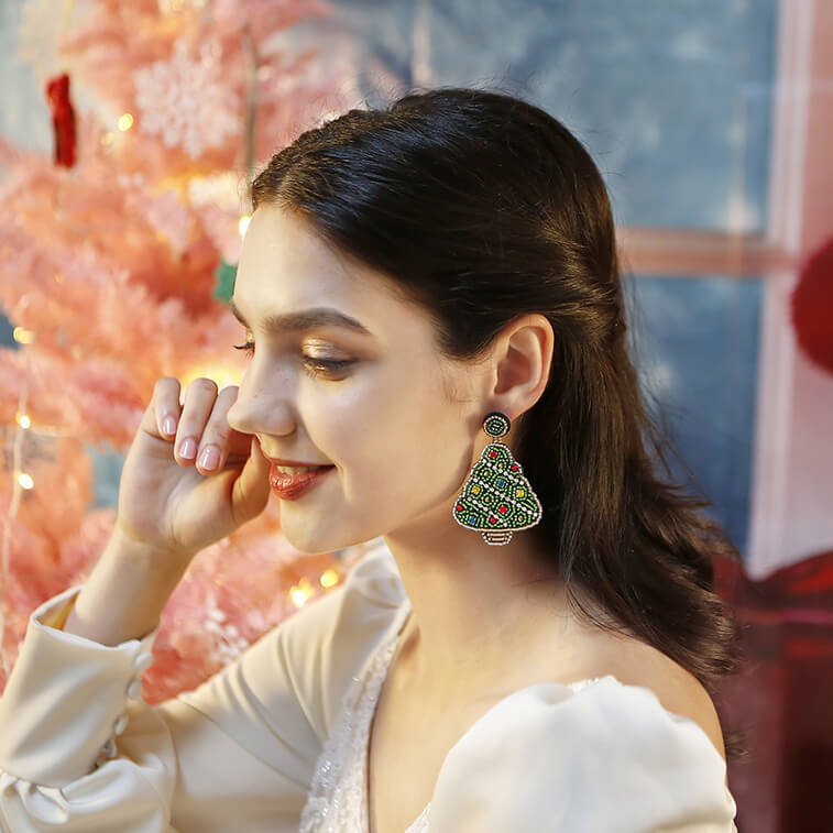 Oversized Christmas Tree Handmade Beaded Drop Earrings