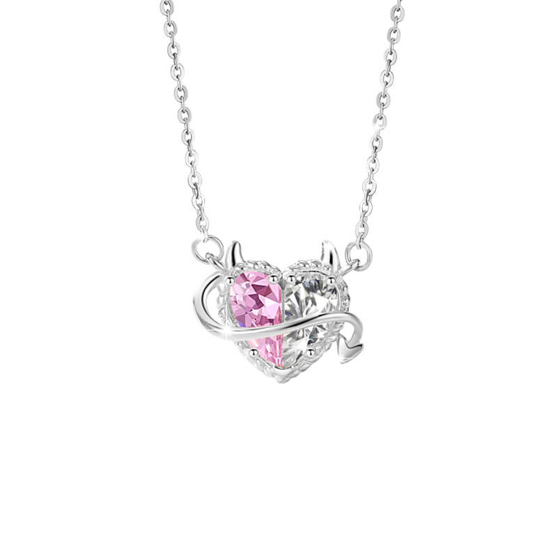 Pink Devil Heart Pendant Zirconia Necklace in Sterling Silver - silver