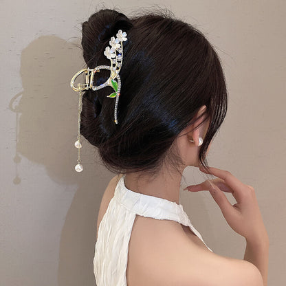 Feelive Cherry Blossom Green Leaf Pearl Tassel Hair Claw Clip