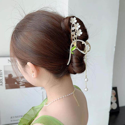 Feelive Cherry Blossom Green Leaf Pearl Tassel Hair Claw Clip