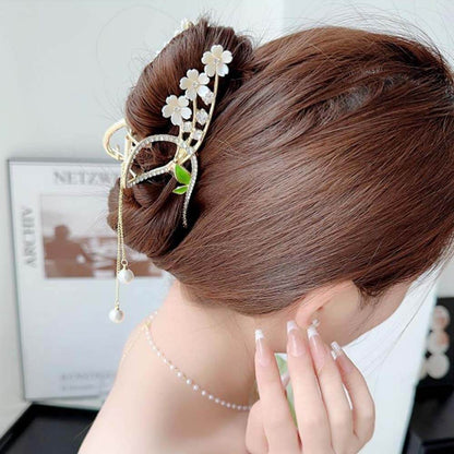 Feelive Cherry Blossom Green Leaf Pearl Tassel Hair Claw Clip