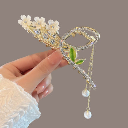 Feelive Cherry Blossom Green Leaf Pearl Tassel Hair Claw Clip