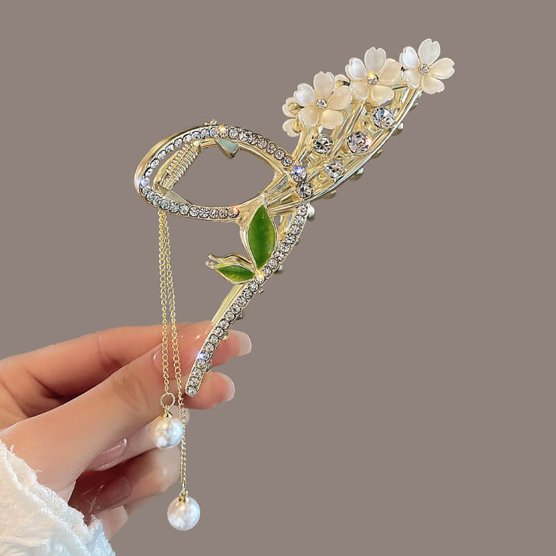 Feelive Cherry Blossom Green Leaf Pearl Tassel Hair Claw Clip