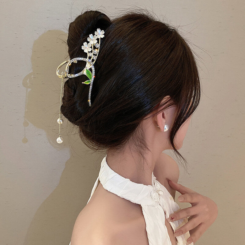 Feelive Cherry Blossom Green Leaf Pearl Tassel Hair Claw Clip