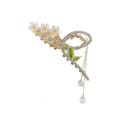 Feelive Cherry Blossom Green Leaf Pearl Tassel Hair Claw Clip