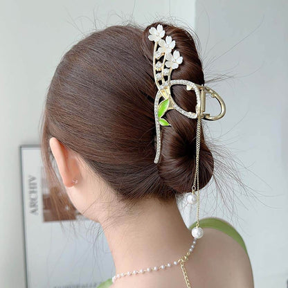 Feelive Cherry Blossom Green Leaf Pearl Tassel Hair Claw Clip