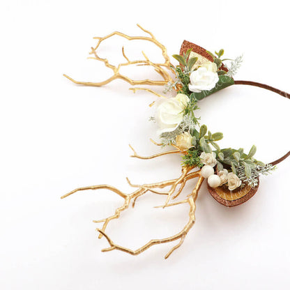 FEELIVE Glowing Simulated Reindeer Antler White Flowers and Sage Headband【Free Gift Box】