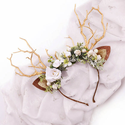 FEELIVE Glowing Simulated Reindeer Antler White Flowers and Sage Headband【Free Gift Box】