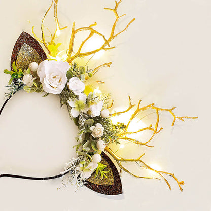 FEELIVE Glowing Simulated Reindeer Antler White Flowers and Sage Headband【Free Gift Box】