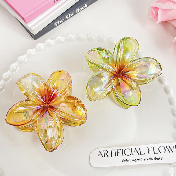 Hawaiian Style Laser Colored Plumeria Flower Shaped Hair Claw Clip - yellow & green