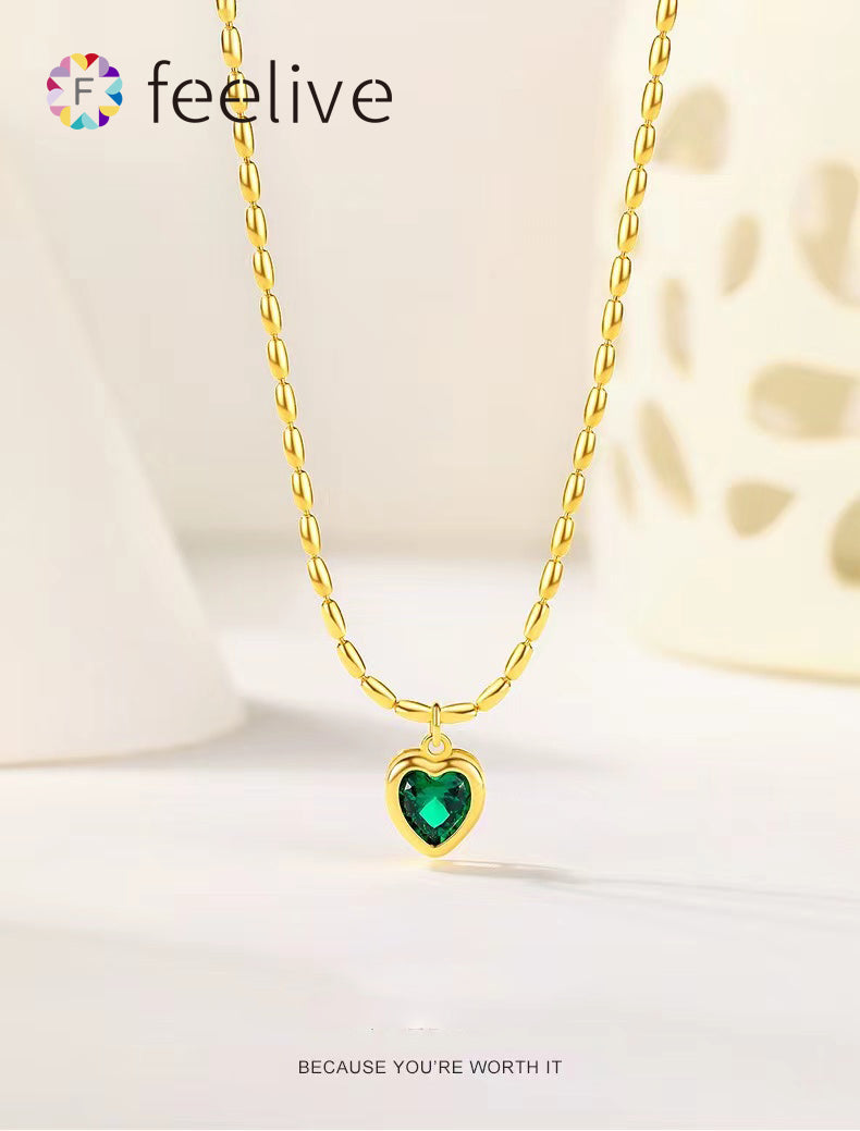 FEELIVE S925 olive chain emerald love heart necklace