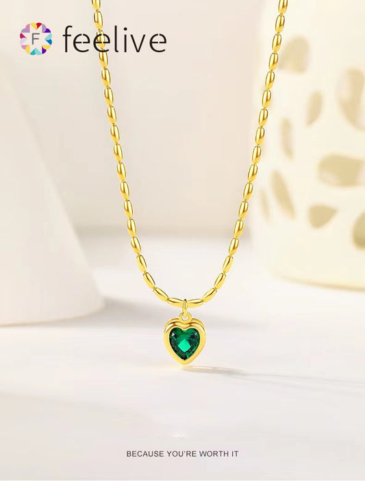 FEELIVE S925 olive chain emerald love heart necklace