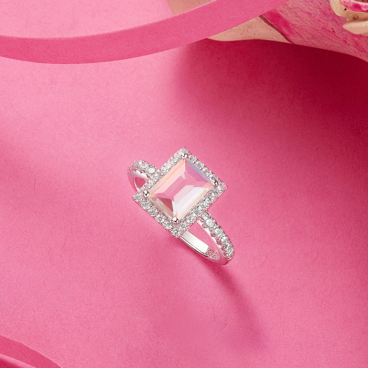 Dreamy Pink Baguette-cut Gem Halo Ring in Sterling Silver side