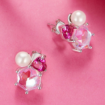 Pink Heart Gem Pearl Stud Earrings in Sterling Silver 