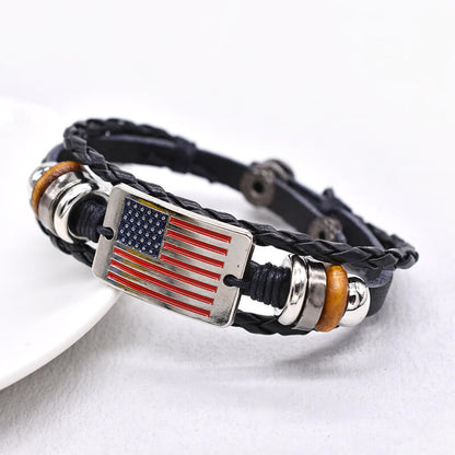 Independence Day Vintage American Flag Snap Buckle Braided Leather Bracelet