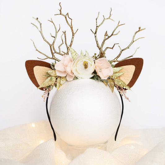 FEELIVE Glowing Simulated Reindeer Antler Rose and Cream Headband【Free Gift Box】