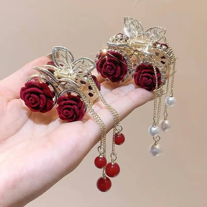 Elegant Red Rose Tassel Flocking Hair Claw Clip in Alloy - Feelive