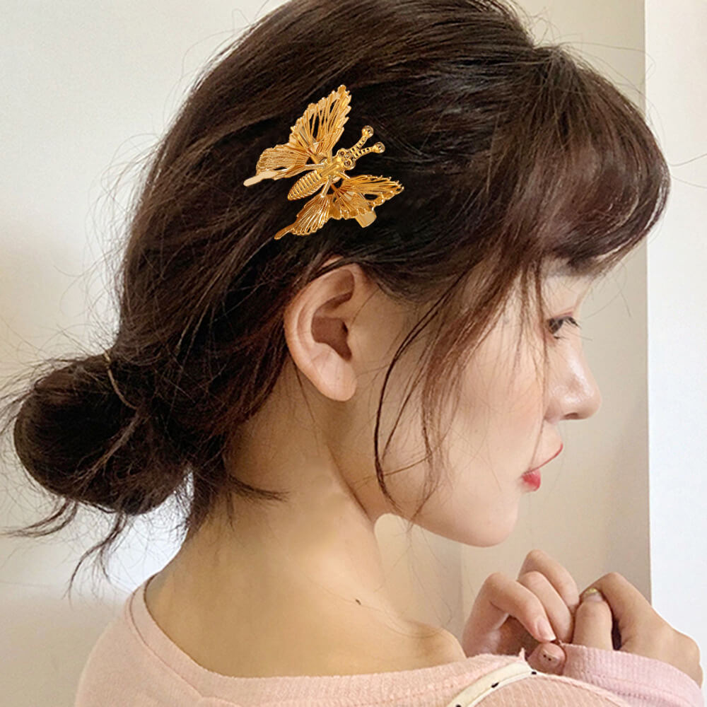 Movable Wings Butterfly Beaded Tassel Hair Clip in Alloy gold model