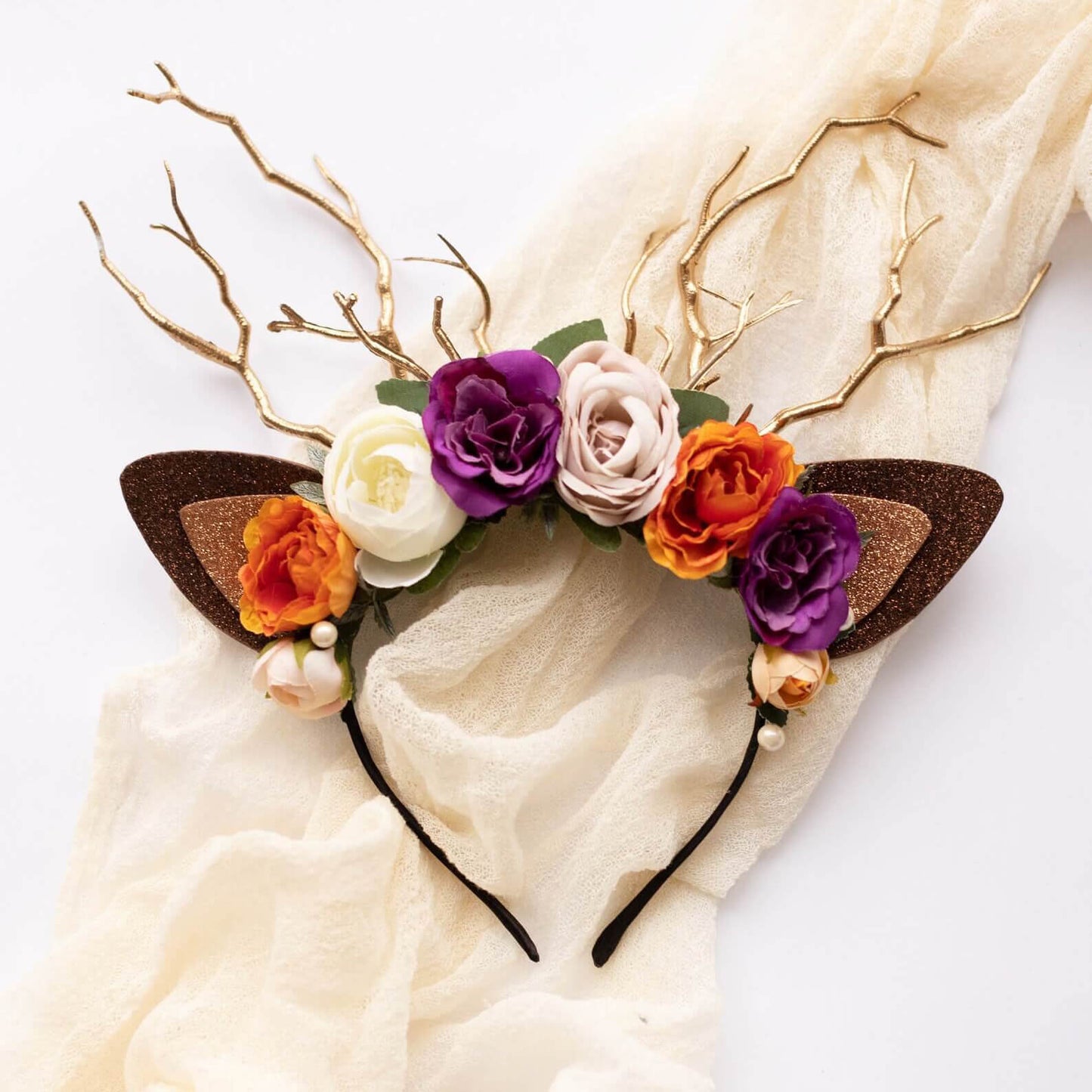 FEELIVE Glowing Simulated Reindeer Antler Lavender Aster & Burnt Orange Headband【Free Gift Box】