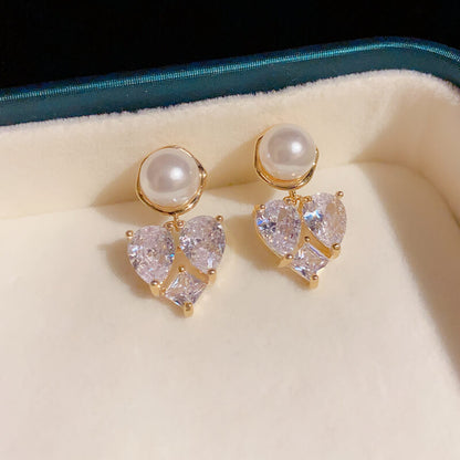 FEELIVE Vintage Elegant Heart Shaped Zircon Pearl Earrings