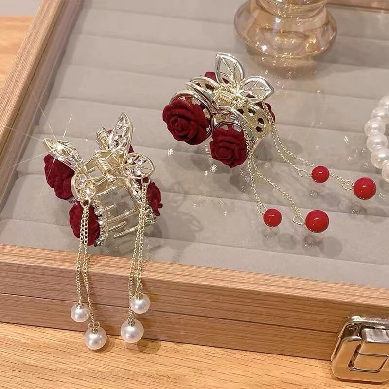 Elegant Red Rose Tassel Flocking Hair Claw Clip in Alloy 