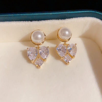 FEELIVE Vintage Elegant Heart Shaped Zircon Pearl Earrings