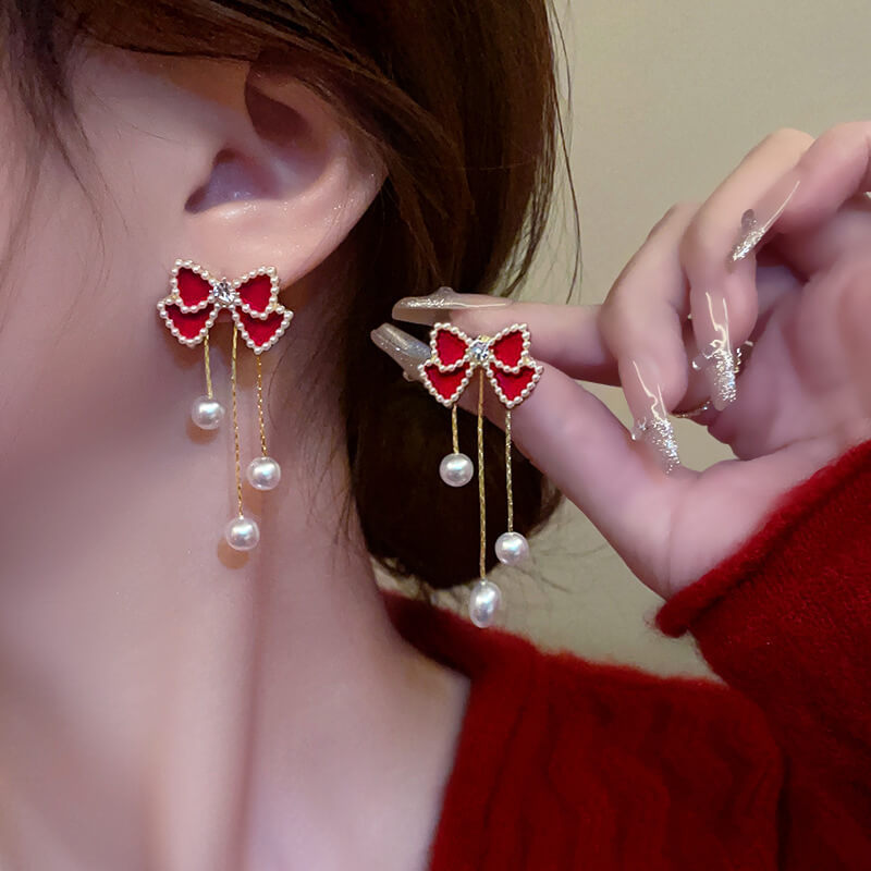 FEELIVE Detachable Sweet Style Red Bow Pearl Tassel Earrings