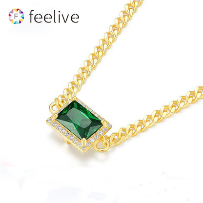 Feelive original S925 Silver 18k gold plated Forest Green Cuban chain Necklace