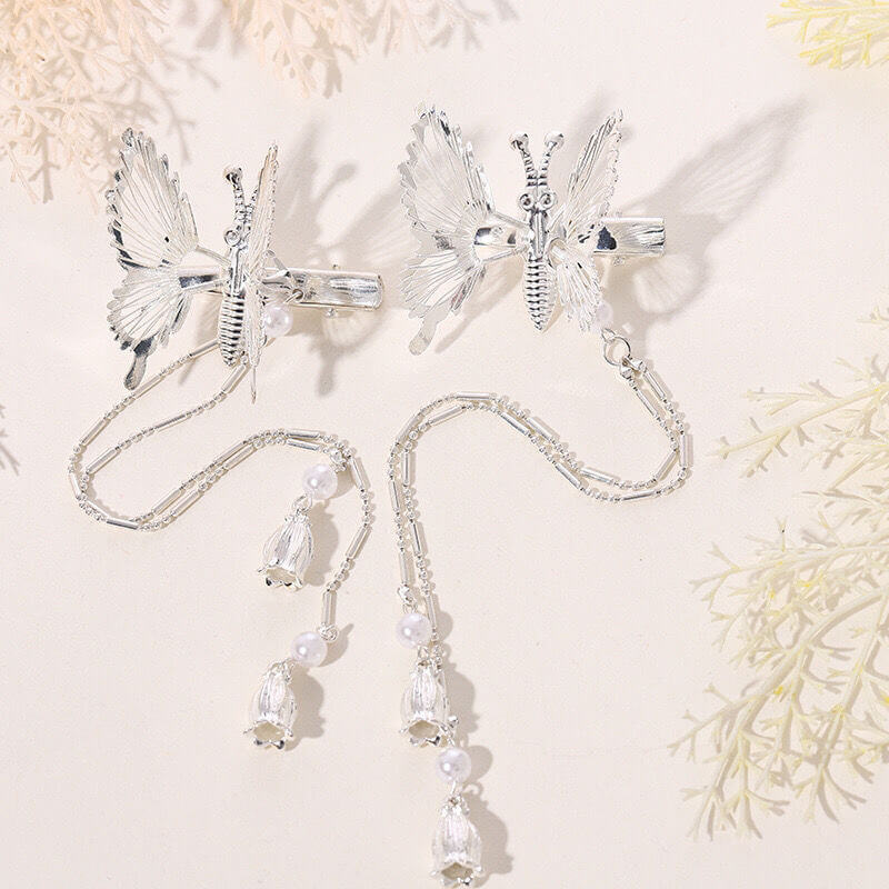 Movable Wings Butterfly Beaded Tassel Hair Clip in Alloy silver tassel