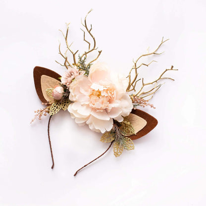 FEELIVE Glowing Simulated Reindeer Antler Garden Blush & Golden Leaves Headband【Free Gift Box】