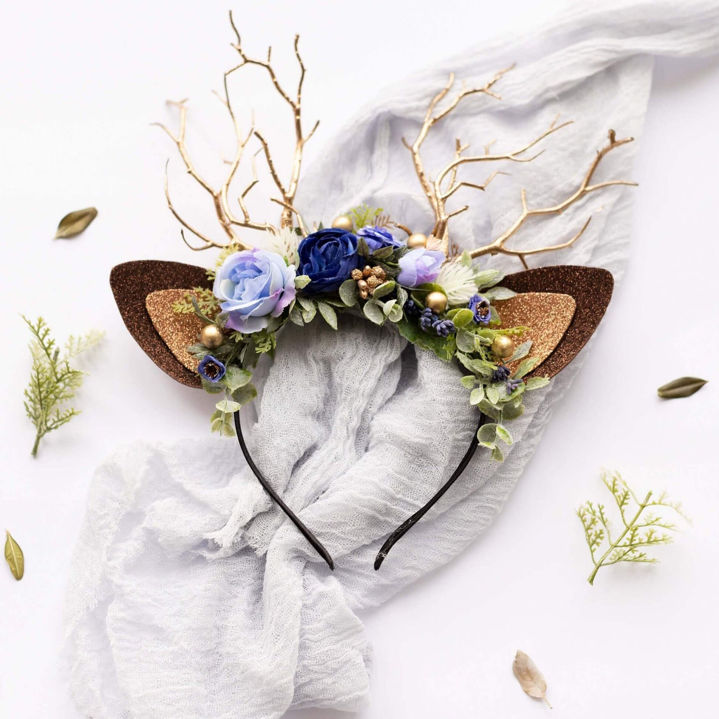 FEELIVE Glowing Simulated Reindeer Antler Navy Roses and Lilacs Headband【Free Gift Box】